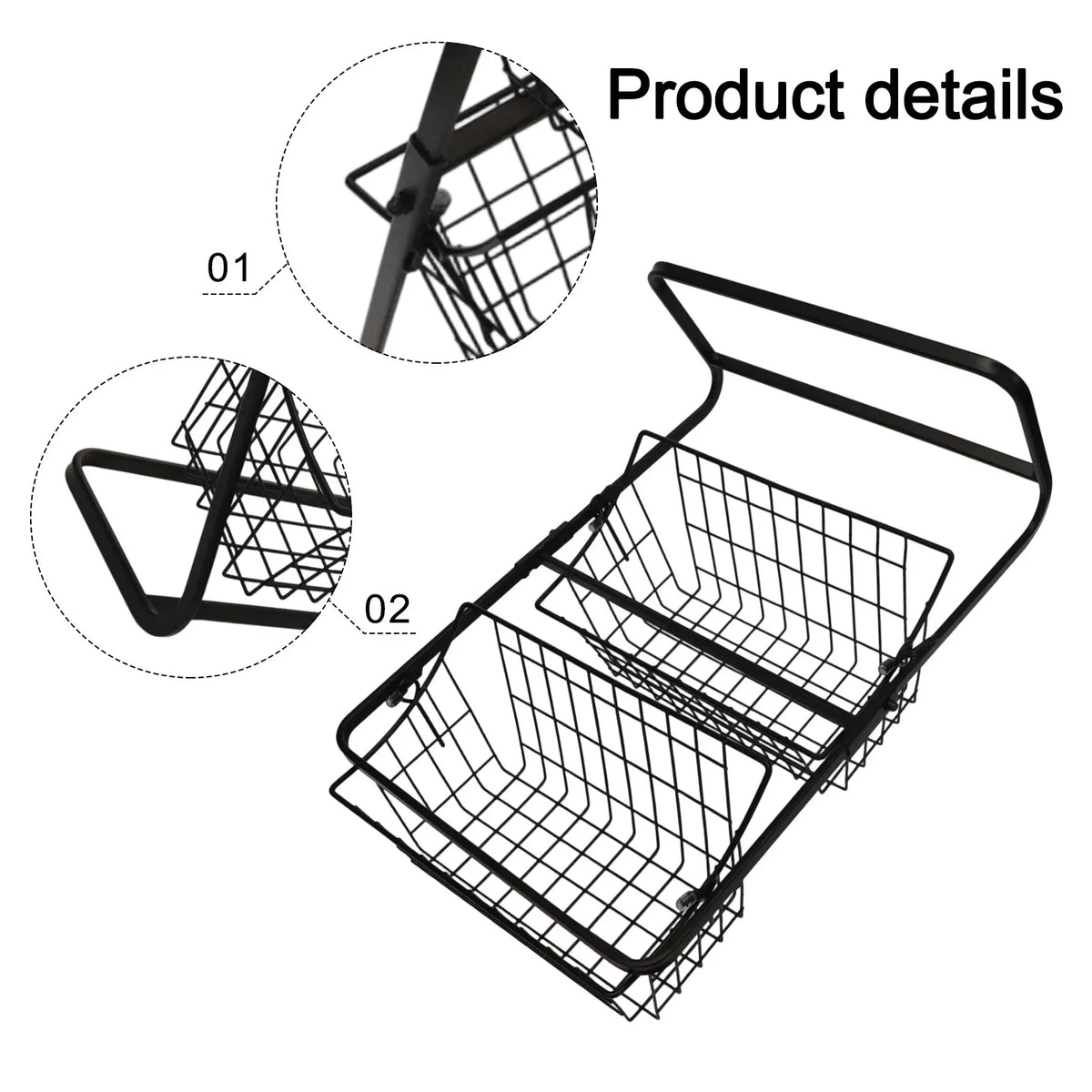 Black 2-tier wire countertop fruit basket organizer, side handle and grid basket detail