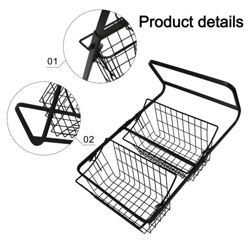 Black 2-tier wire countertop fruit basket organizer, side handle and grid basket detail