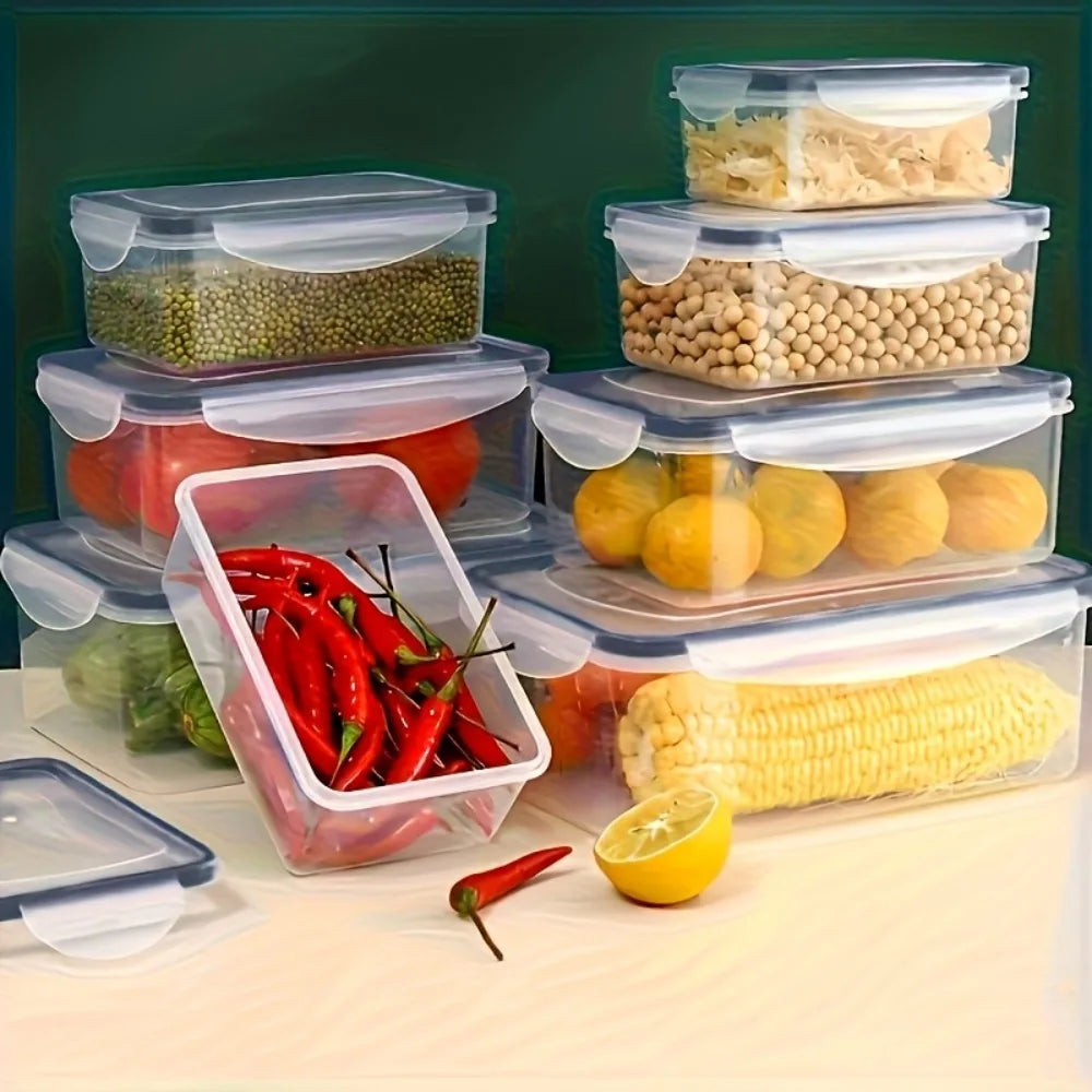 8-piece airtight food storage container set with snap-lock lids, clear bins holding vegetables and snacks