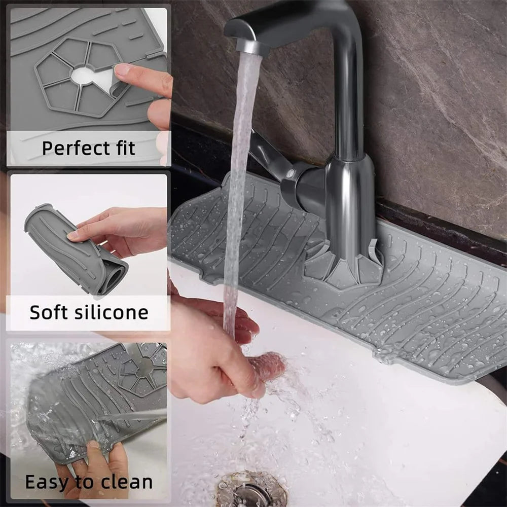Gray silicone splash guard and drain mat with water running over molded channels