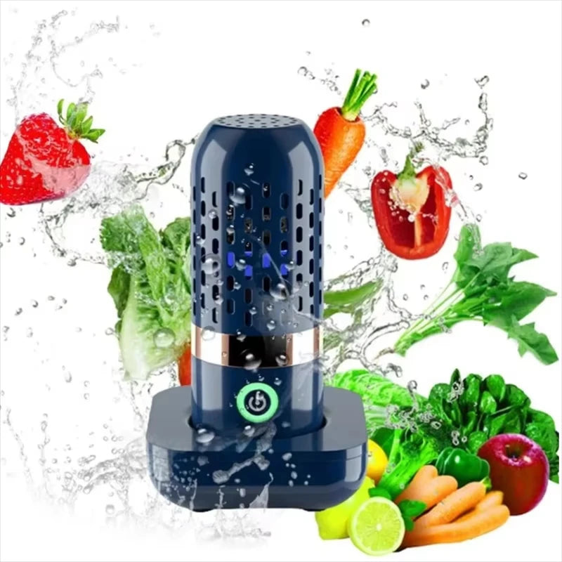 Blue portable wireless food purifier surrounded by fresh produce with water splashes