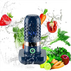 Blue portable wireless food purifier surrounded by fresh produce with water splashes