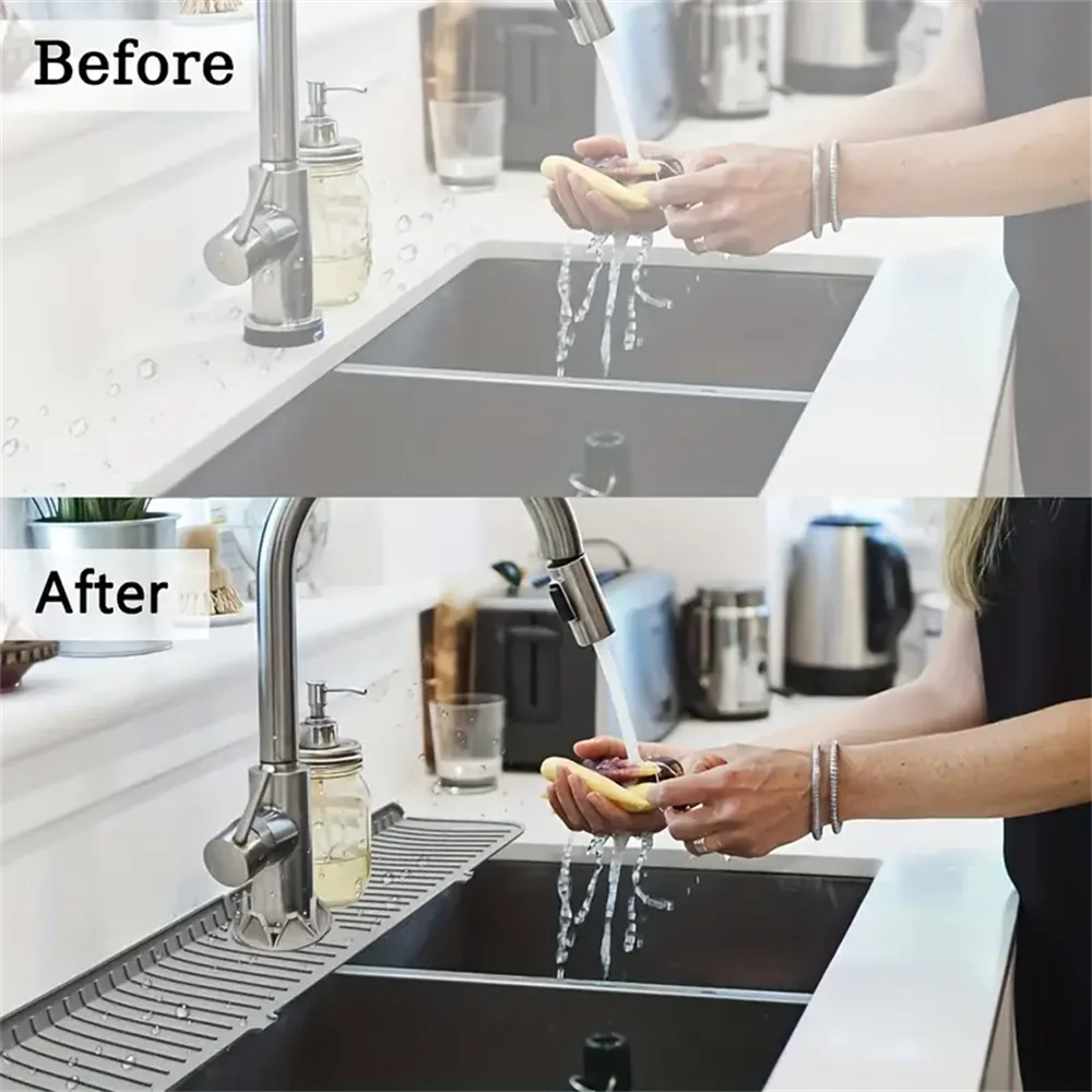 Silicone sink splash guard and drain mat showing water containment around sink area
