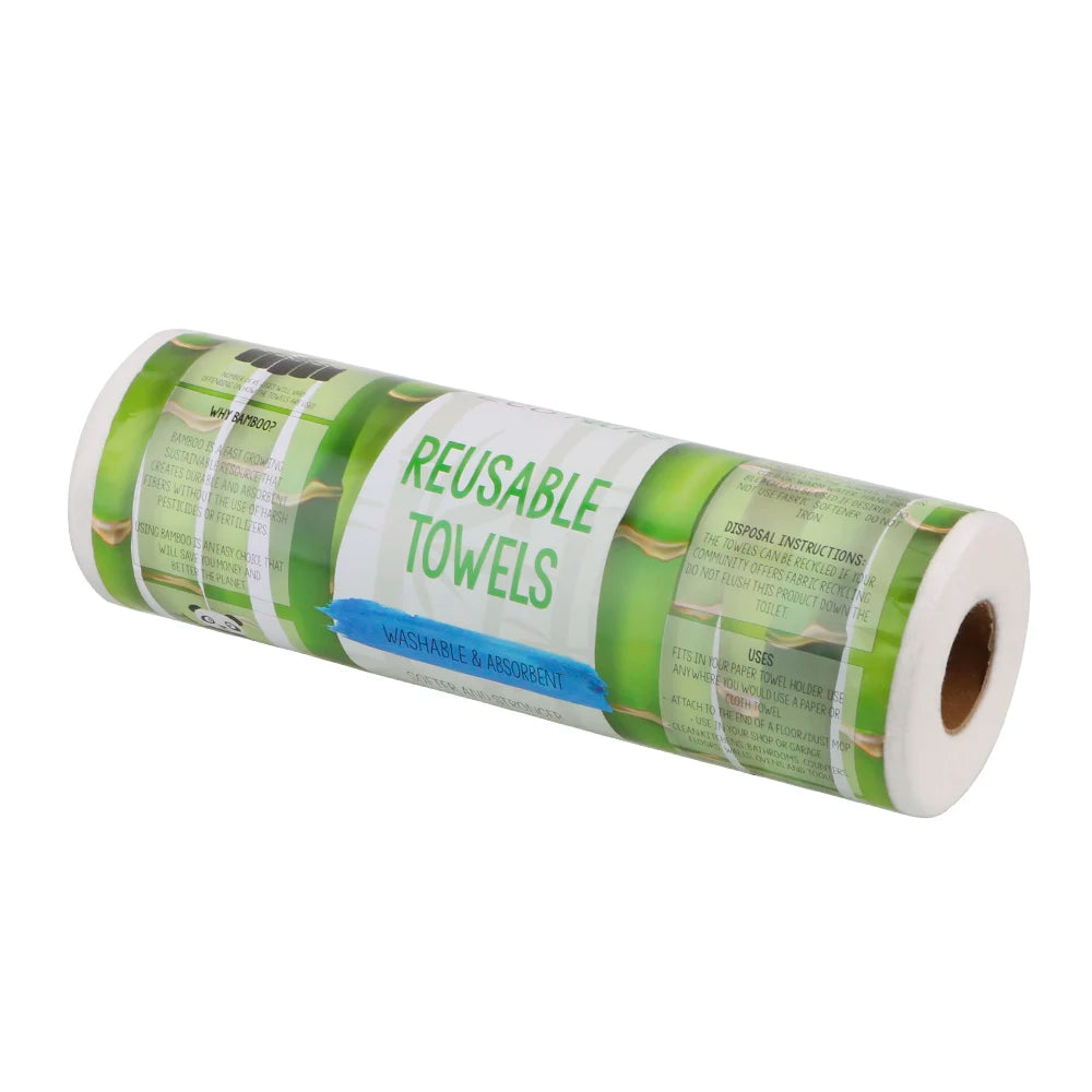 Reusable bamboo paper towel roll in green wrap, horizontal view