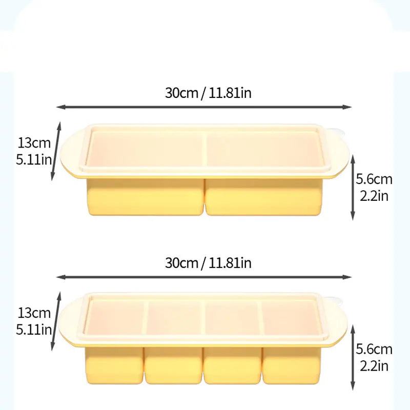 Two-compartment silicone soup freezer tray with clear lid and reinforced edge
