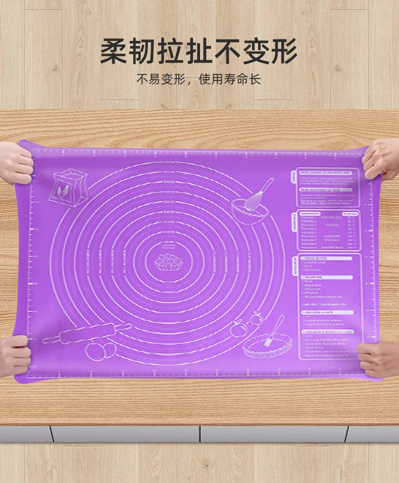 Purple silicone pastry mat held on countertop with concentric ring design