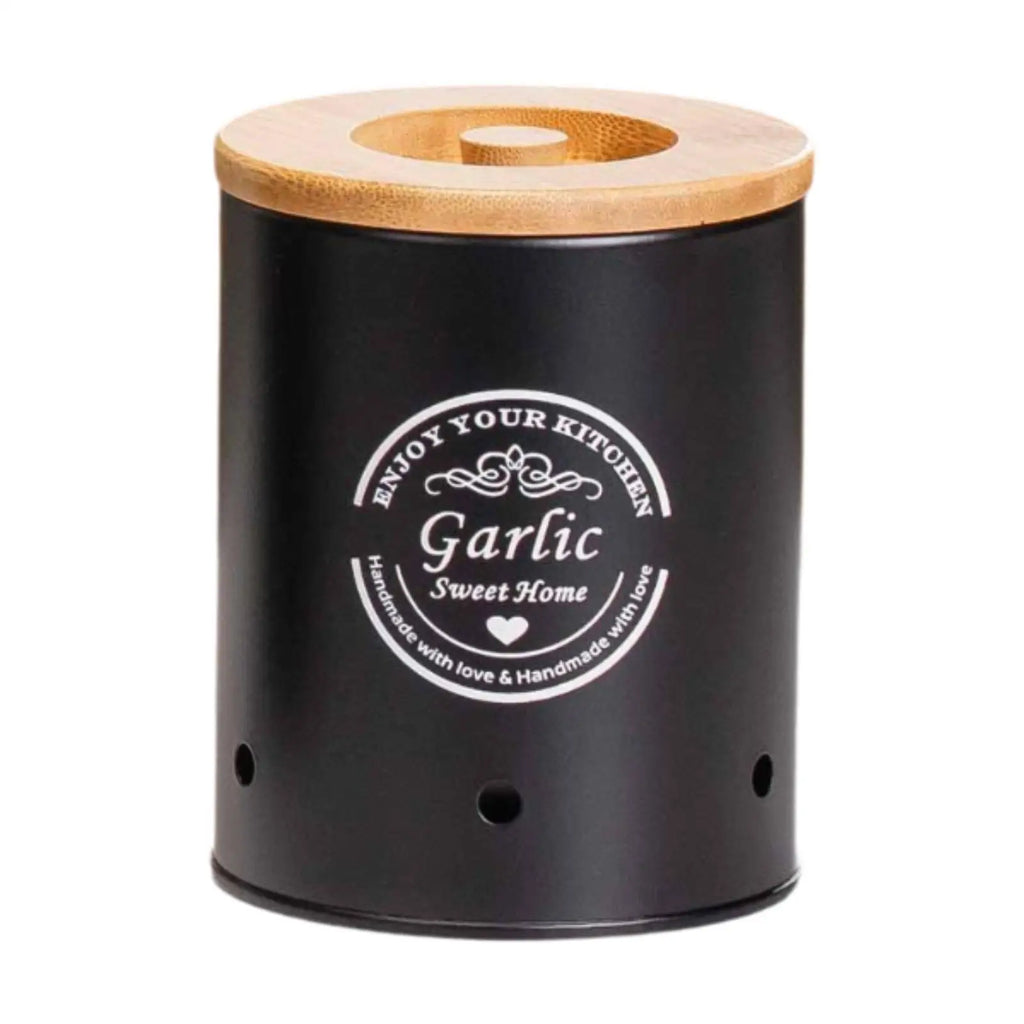 Black vented garlic storage canister with bamboo lid and round vent holes