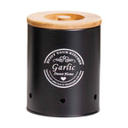 Black vented garlic storage canister with bamboo lid and round vent holes