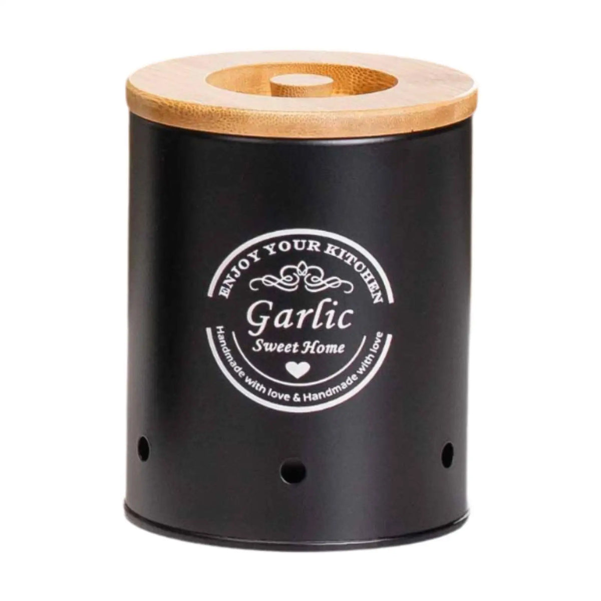 Black vented garlic storage canister with bamboo lid and round vent holes