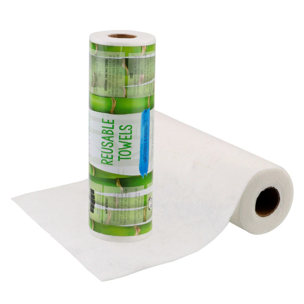 Reusable bamboo paper towel roll with white towel sheet extending, angled view