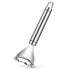Stainless steel corn stripper peeler with curved serrated blade and loop handle