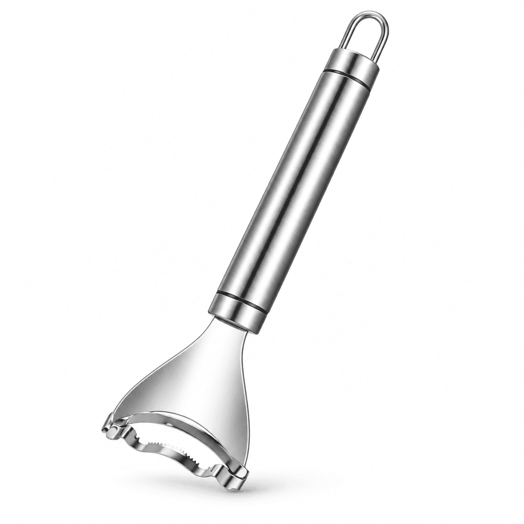 Stainless steel corn stripper peeler with curved serrated blade and loop handle