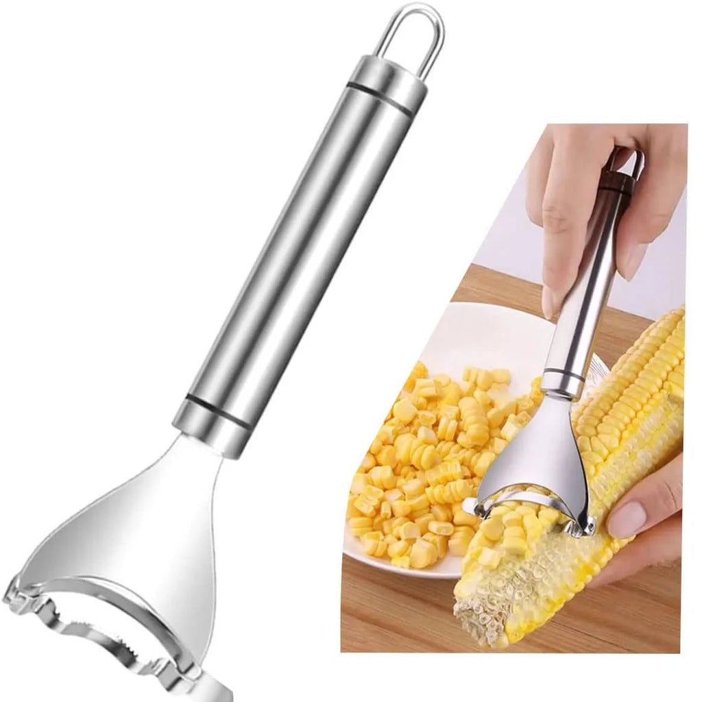 Stainless steel corn peeler with curved serrated blade and hanging loop handle