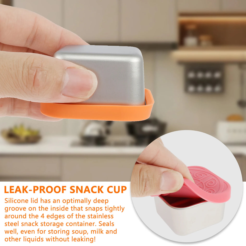 Stainless steel snack cup with orange leakproof silicone lid