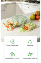 Reusable beeswax food wraps with pattern variations shown alongside reusable icons