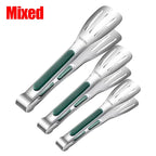 Stainless steel cooking tongs set of three with slotted spatula tips and green grip