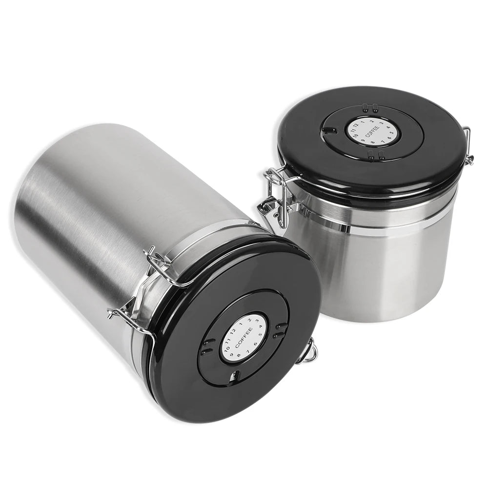 Stainless steel coffee storage canister with black lid and date dial insert