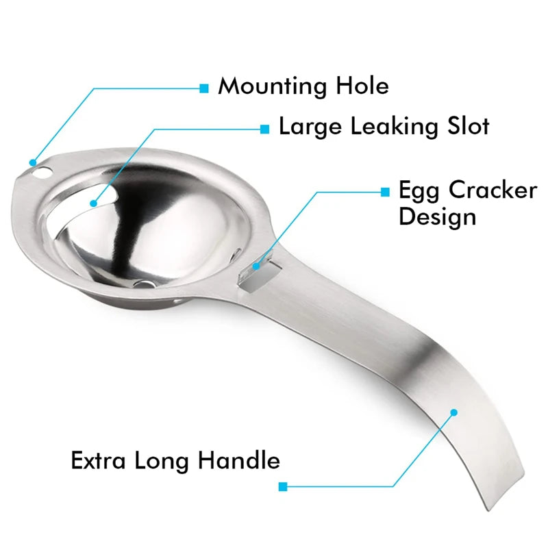 Stainless steel egg separator diagram showing extra long handle and leak slots