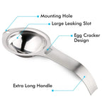 Stainless steel egg separator diagram showing extra long handle and leak slots