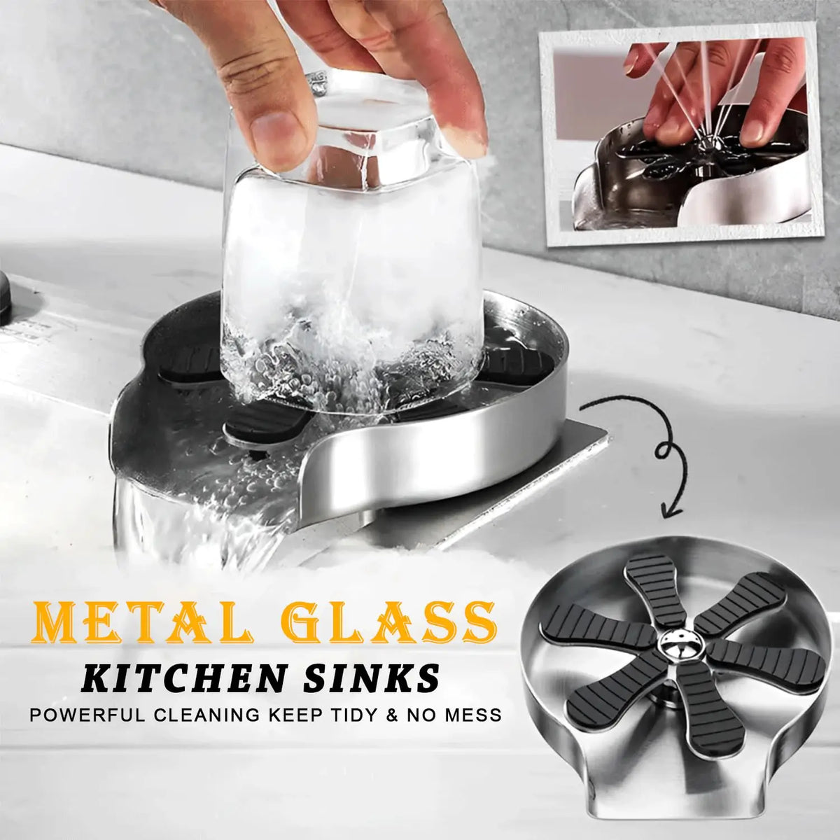 Stainless steel sink glass rinser with multi-angle jet nozzles, spraying water into cup