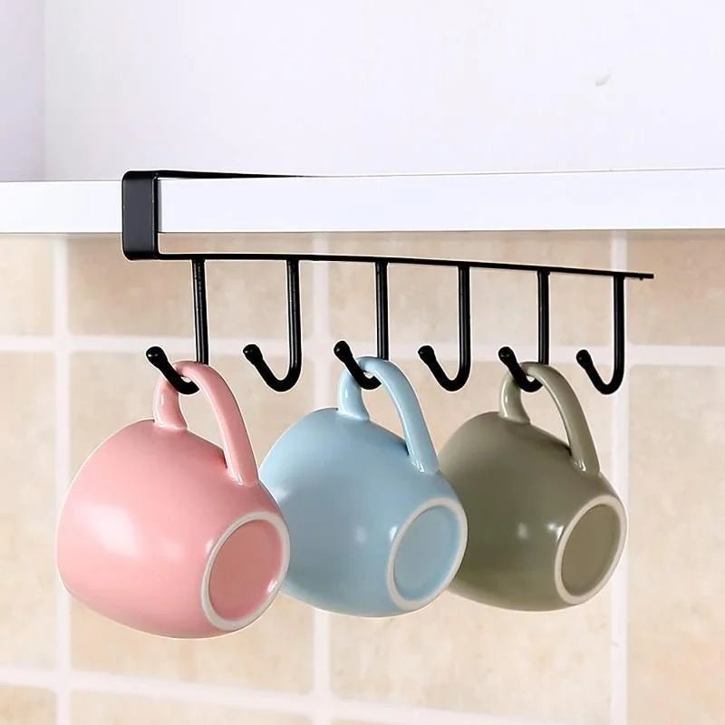 Under-cabinet 6-hook mug hanger with hooks holding pink, blue, and beige mugs, black bar