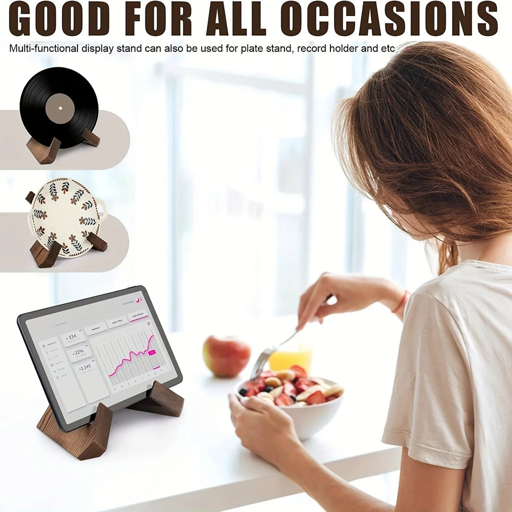 Wooden reading stand with interlocking cross, holding a tablet for hands-free viewing