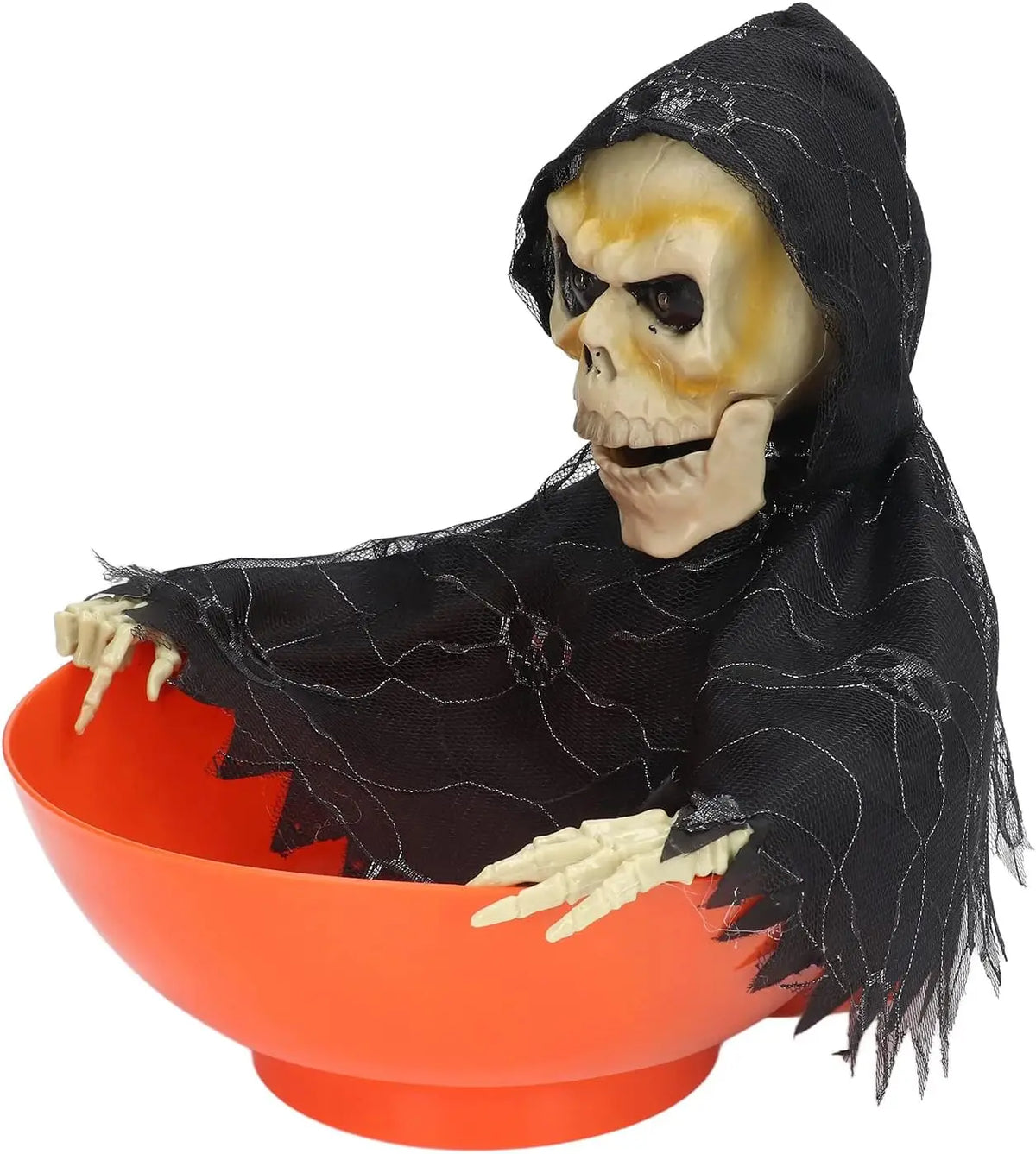 Orange skull bowl haunted prop with hooded skeleton face and side view of webbed poncho