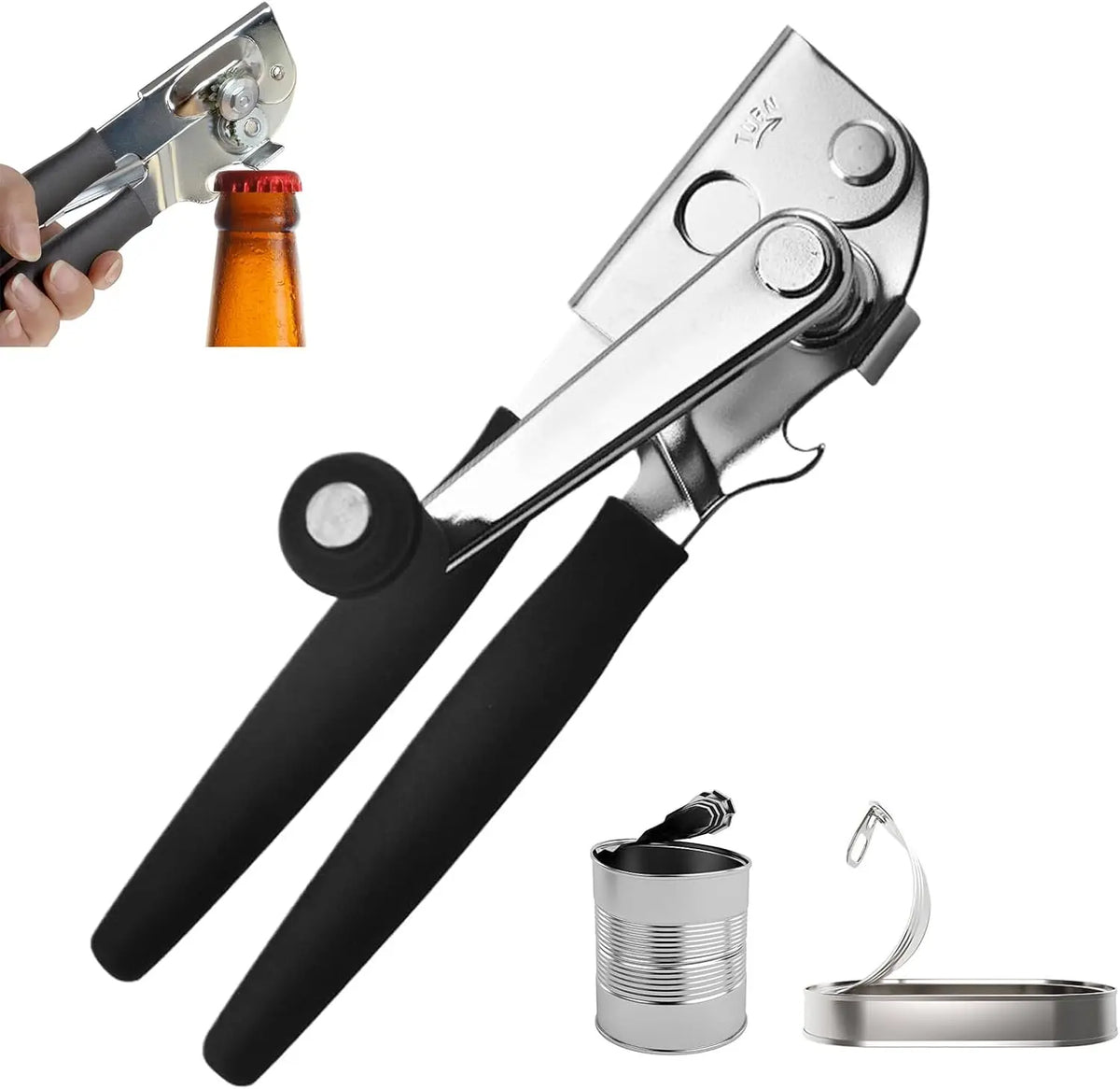 Manual can opener with black handles and chrome head, plus opened can top