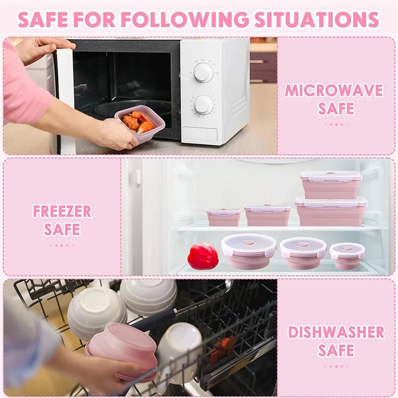Pink collapsible silicone food storage containers with clear lids, stacked in a set