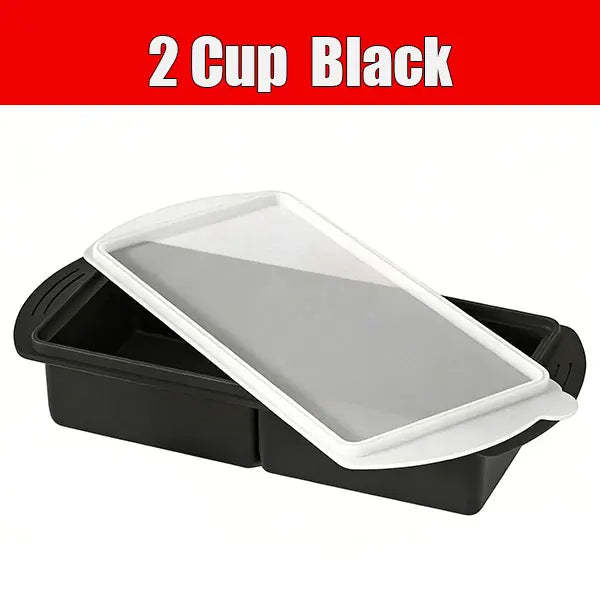 Two-cup black silicone freezer tray with clear lid, divided into 2 portions