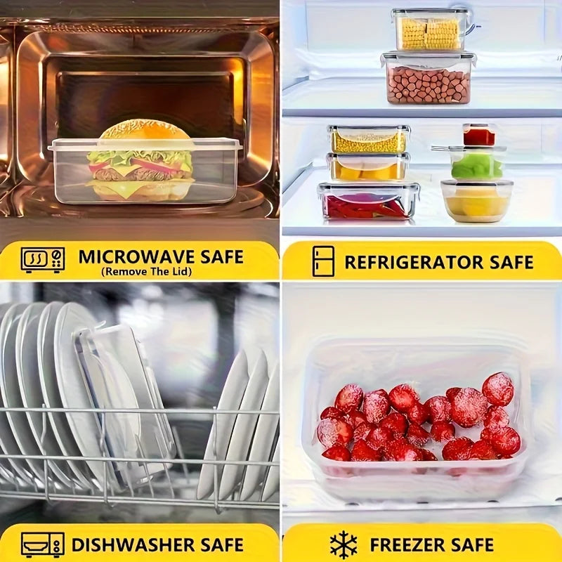 8-piece airtight food storage container set with snap-lock lids, shown for microwave, fridge, dishwasher, freezer