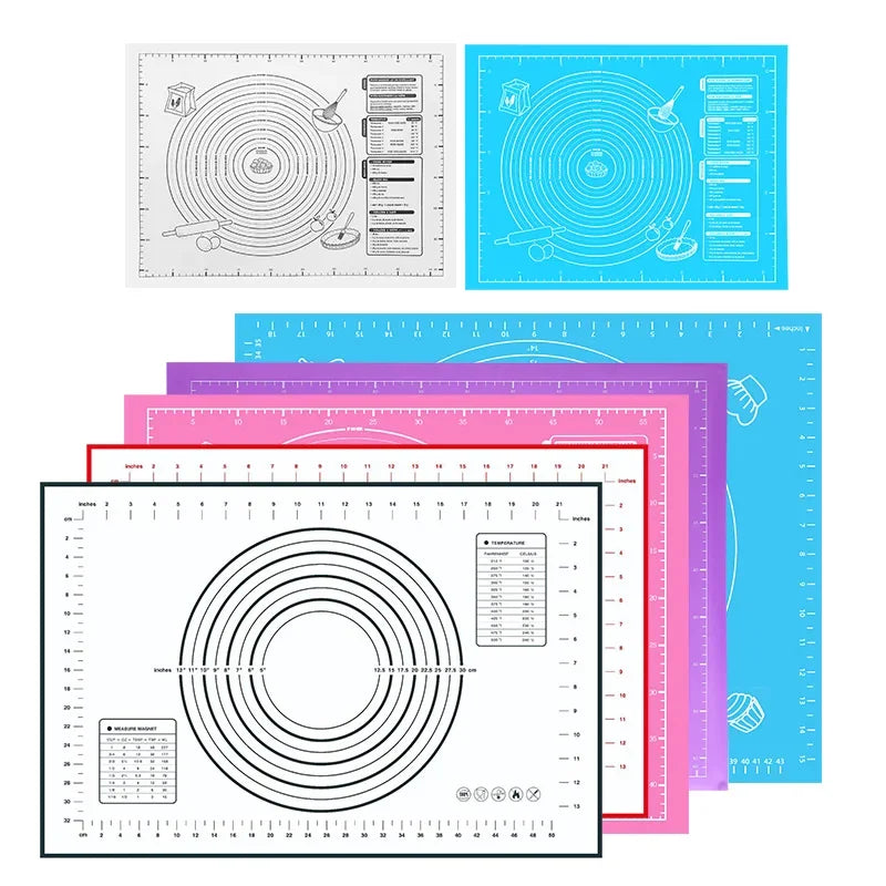 Assorted silicone baking mats with concentric ring patterns in blue, purple, and gray