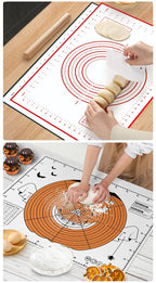 Red-and-white silicone pastry mat with concentric rings; hands cutting dough