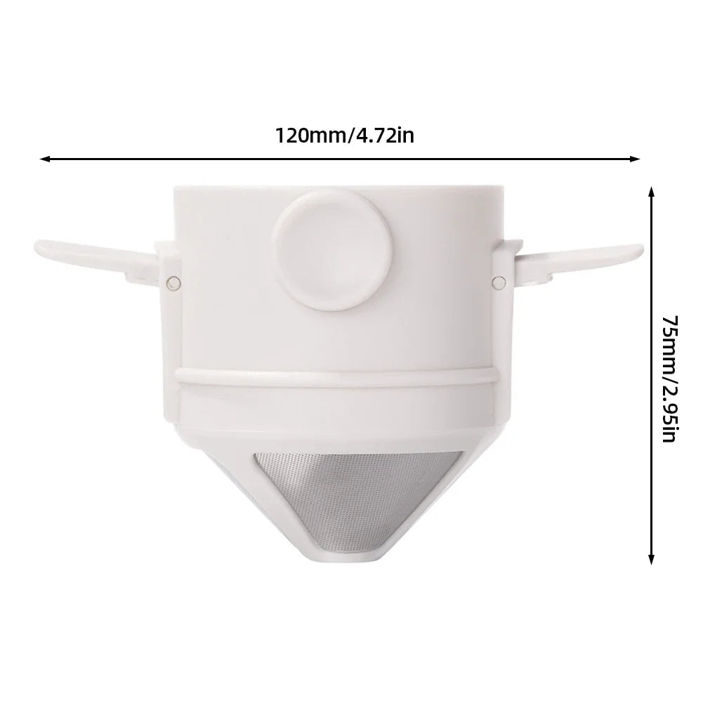 White foldable pour-over coffee dripper with dual-layer stainless mesh, side view