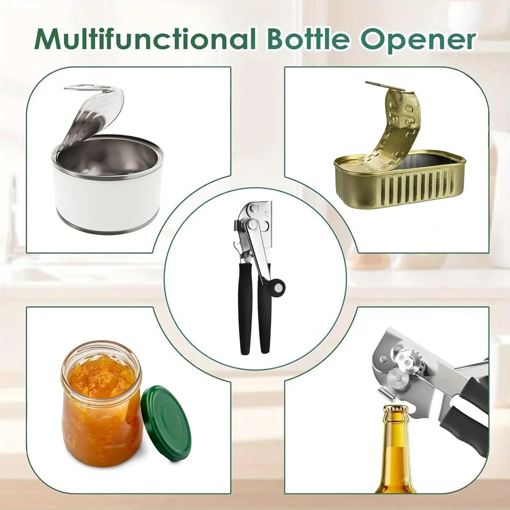 Manual can opener with bottle-opener end, black ergonomic handles and stainless head
