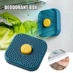 Blue refrigerator deodorizer box with perforated panel and yellow date cap