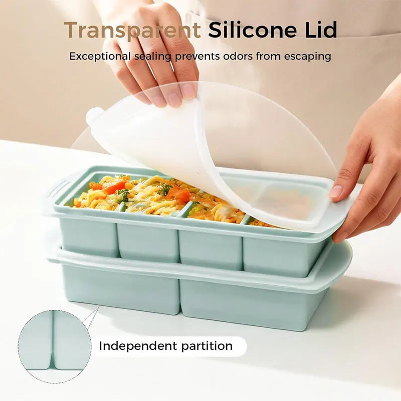 Mint green freezer tray and transparent silicone lid with independent divider partition
