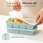 Mint green freezer tray with clear silicone lid and separate compartment partitions