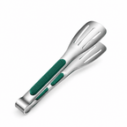 Stainless steel cooking tong with slotted spatula tips and green non-slip grip
