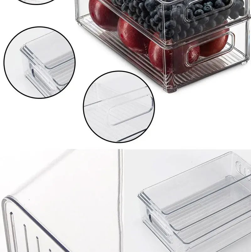 Clear plastic organizer bin with built-in side handle openings; close-up view