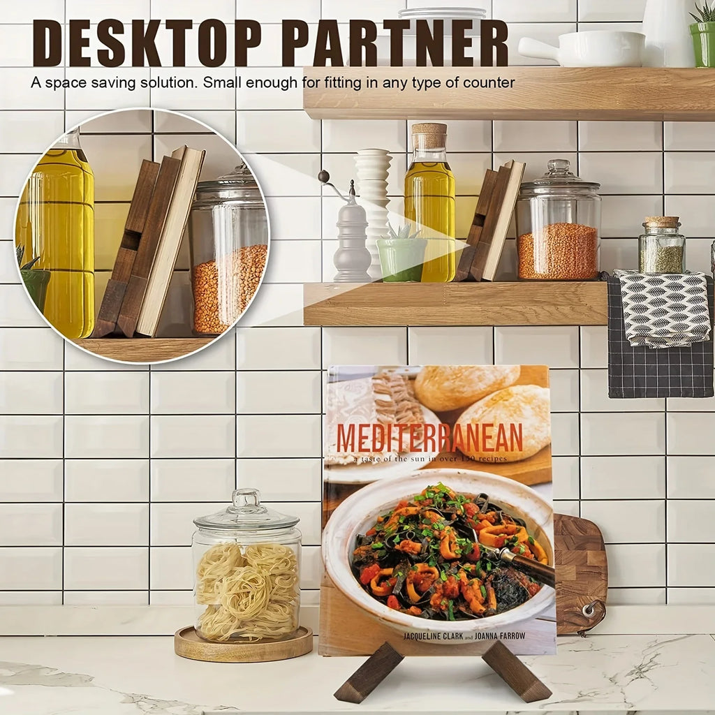Wooden cookbook stand with interlocking cross base, displaying a book upright