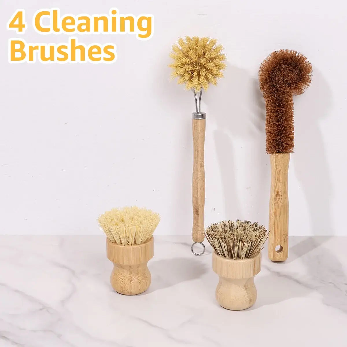 Kitchen cleaning brush set with four scrub brushes on wooden handles
