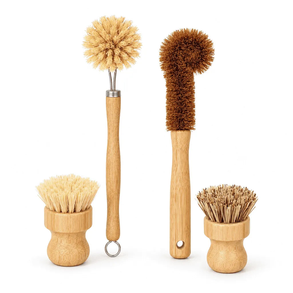 Wooden dish scrub brush set with mixed bristle heads and hanging rings