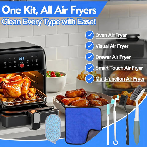 Air Fryer Cleaning Brush Kit with 6 specialized tools for easy cleaning of non-stick baskets and tight crevices.
