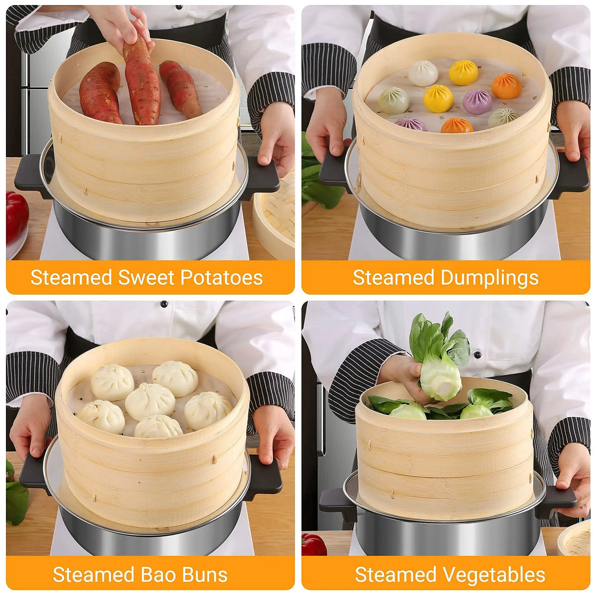 3-tier natural bamboo steamer basket with lid, filled with steamed food; hands holding lid