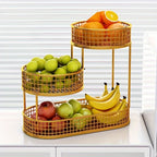 Golden multi-layer stainless fruit basket with three round wire tiers for stored produce