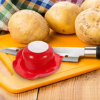 Red food safety slicer holder with finger guard shield on grater