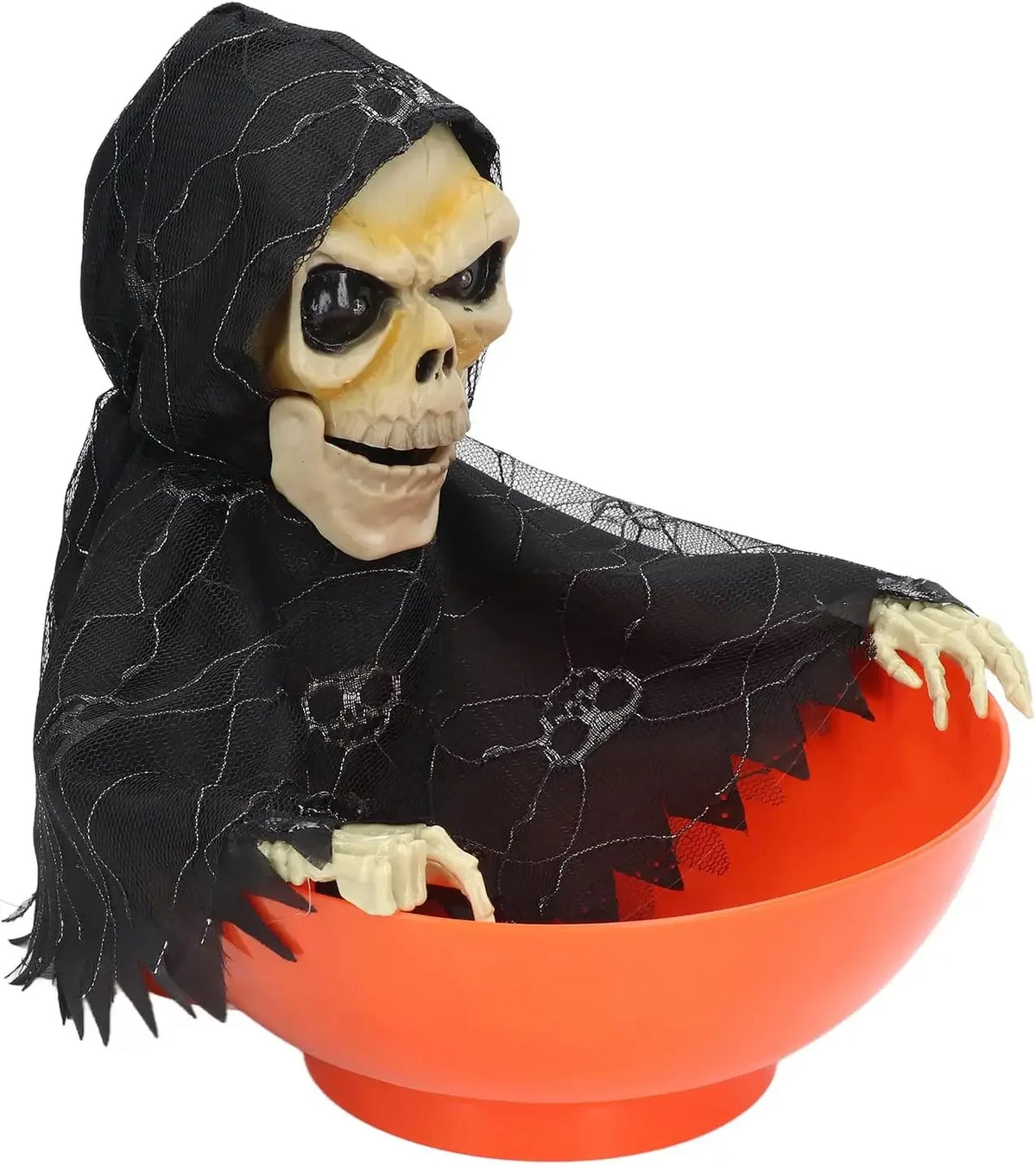 Hooded skull bowl Halloween prop with black spider-web robe and orange glowing bowl