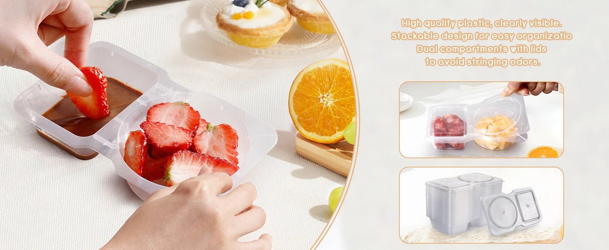 Two-compartment snack containers with secure lids; hand portioning fruit and snacks