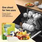 Dishwasher detergent sheets pack with white sheet beside a running dishwasher